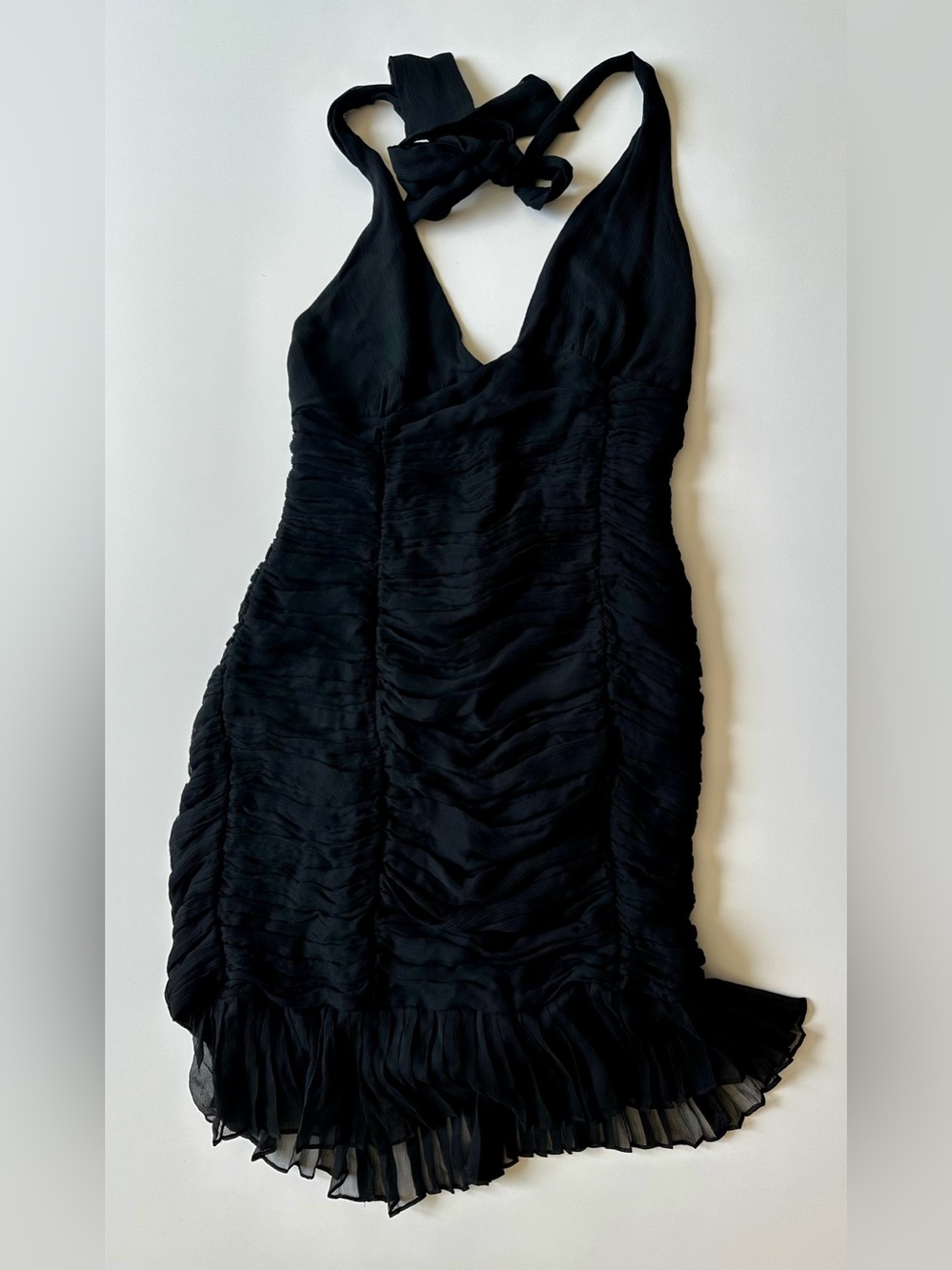 Catherine Malandrino Black Silk Ruched Halter Mini Dress Size 4 Y2K